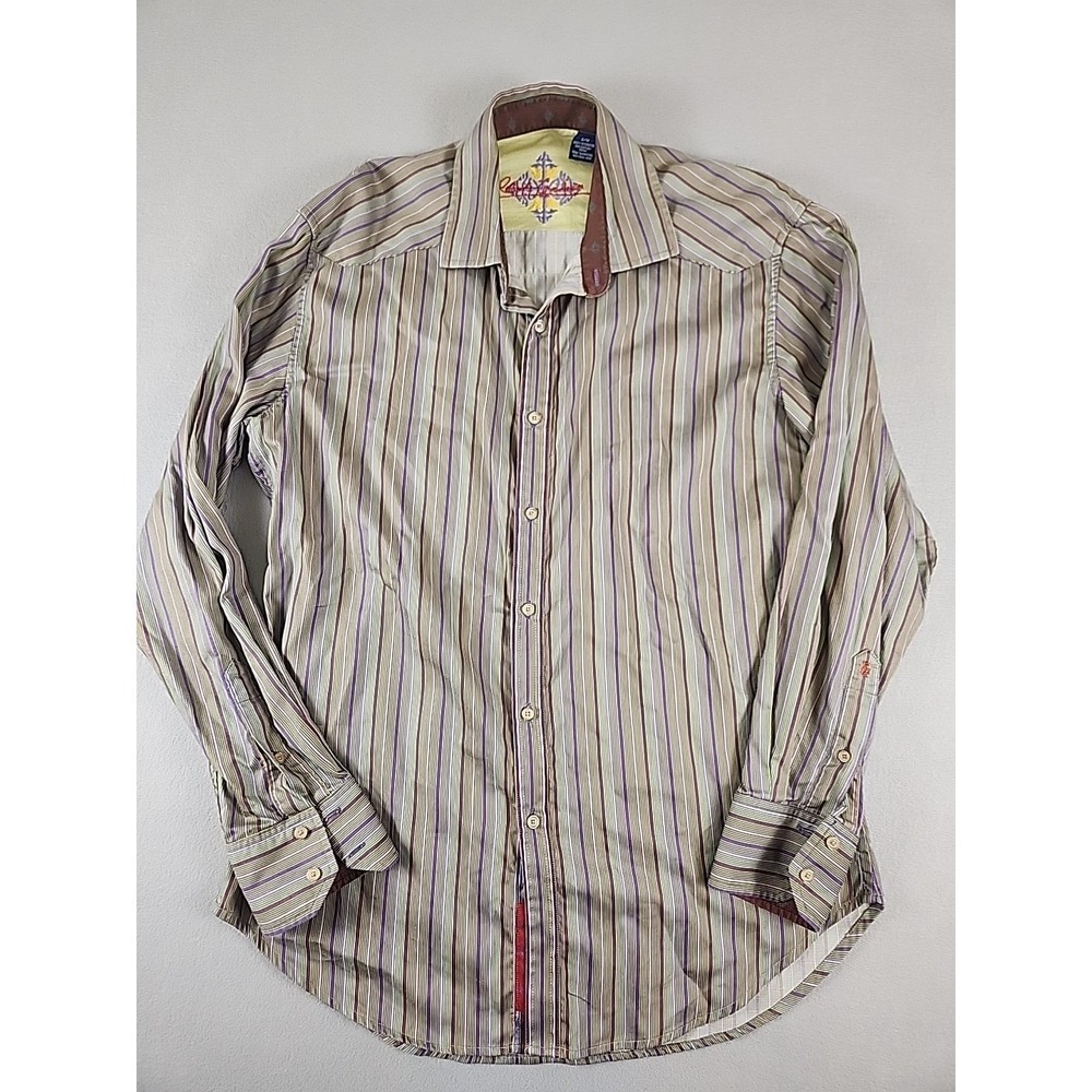 Robert Graham Large Flip Cuff Striped Shirt Purple Green